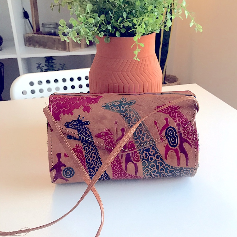 Artisan leather small purse with giraffe print